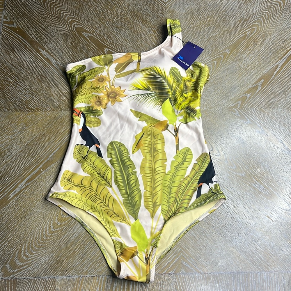 ZERON METER One Shoulder Tucan Tropical Print One Piece Swimsuit XL